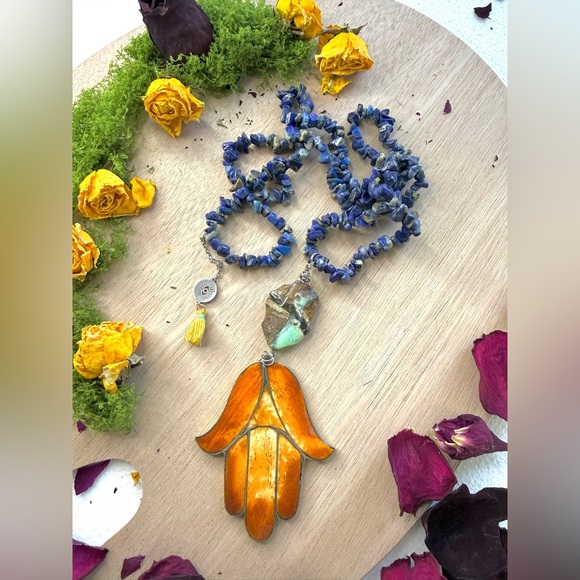 Lapis Lazuli & Chrysoprase Necklace with Hamsa Charm - Picture 2 of 5